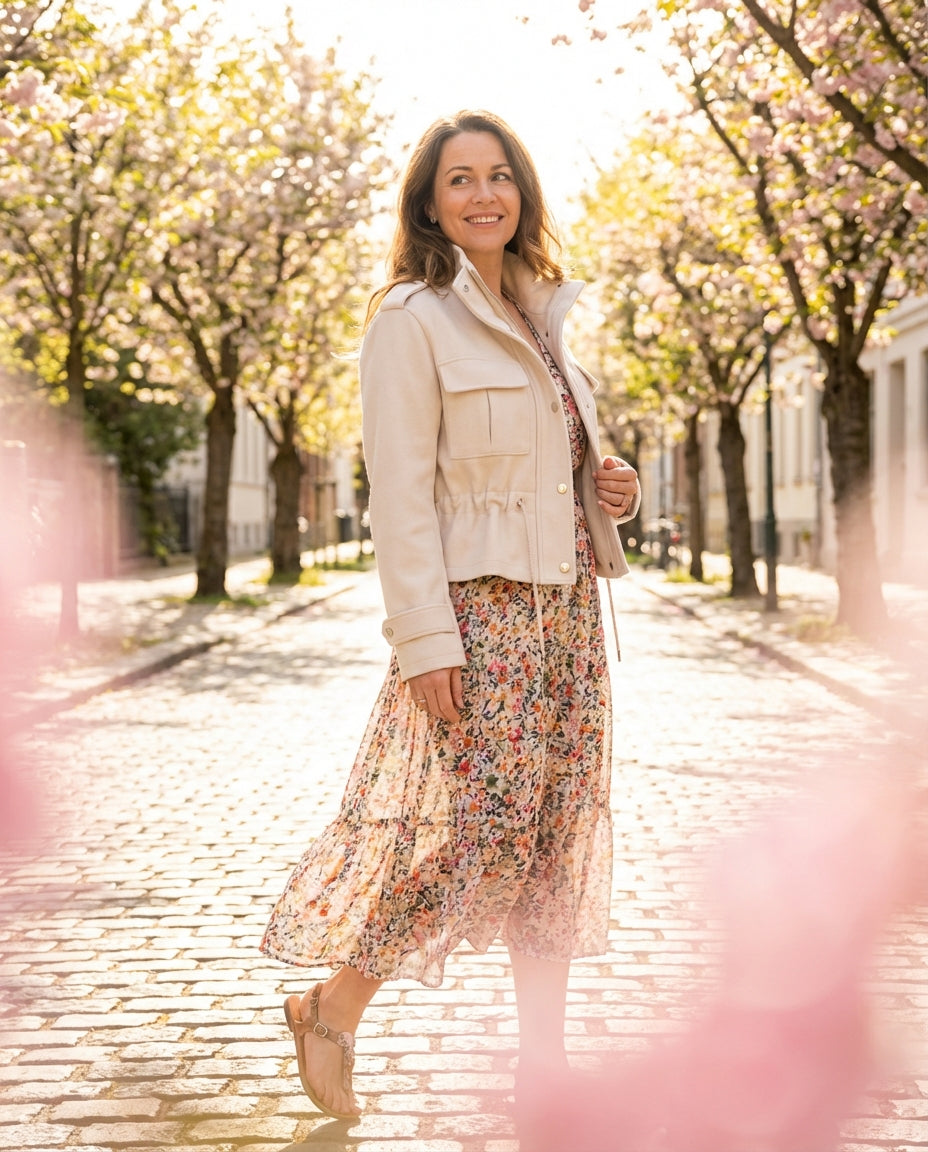Freigestellte beige Damen Kurzjacke mit Druckknoepfen, Brusttaschen und Tunnelzug in der Taille