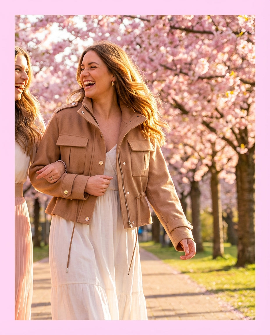 Freigestellte camel farbene Damen Kurzjacke mit Druckknoepfen, Brusttaschen und verstellbarem Tunnelzug auf Taillenhöhe