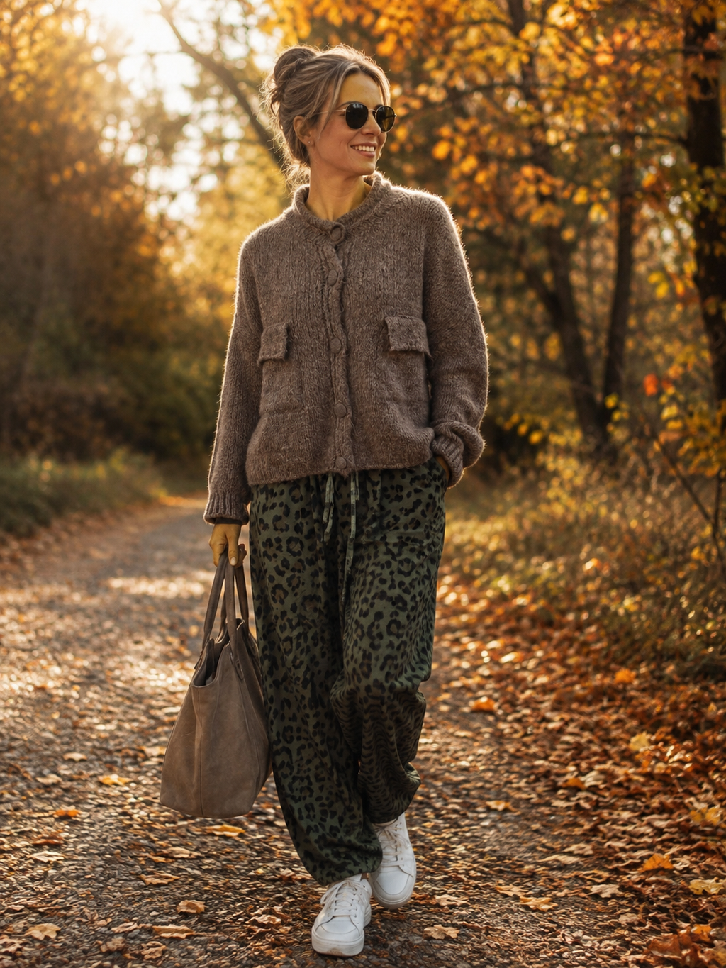 Kuschelige Damen Strickjacke in taupe mit lockerem Schnitt, aufgesetzten Taschen und grossen Knopfverschluessen getragen in weitsicht