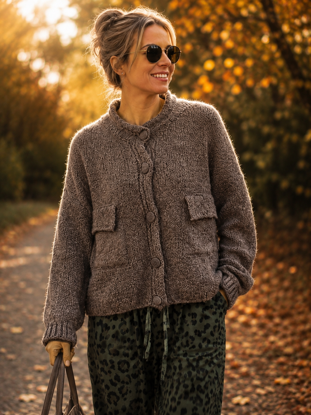 Kuschelige Damen Strickjacke in taupe mit lockerem Schnitt, aufgesetzten Taschen und grossen Knopfverschluessen getragen