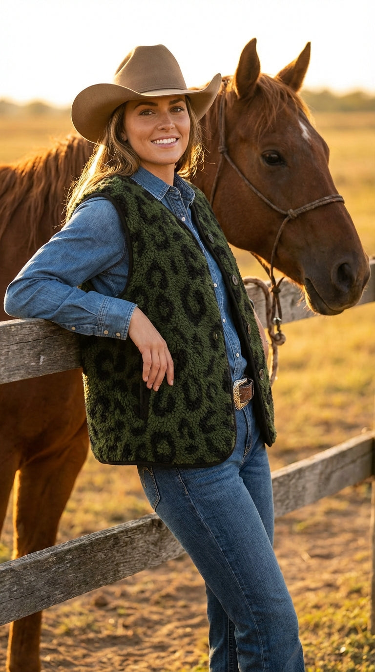 Damen Teddy Weste in Dunkelgruen mit Leo Print