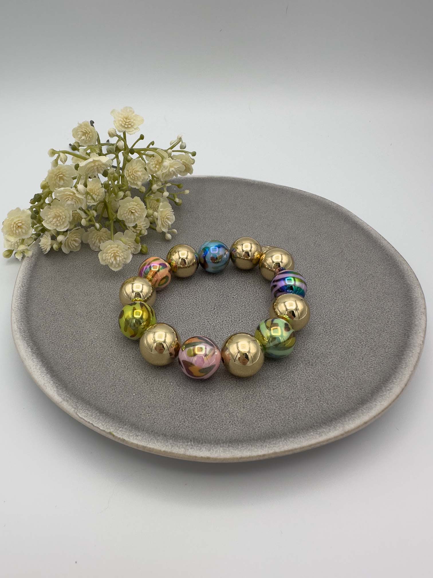 perlenarmband, gold, irisierend, bunt, statement schmuck, damenaccessoire, schmuck, elastisch, glamour, modern