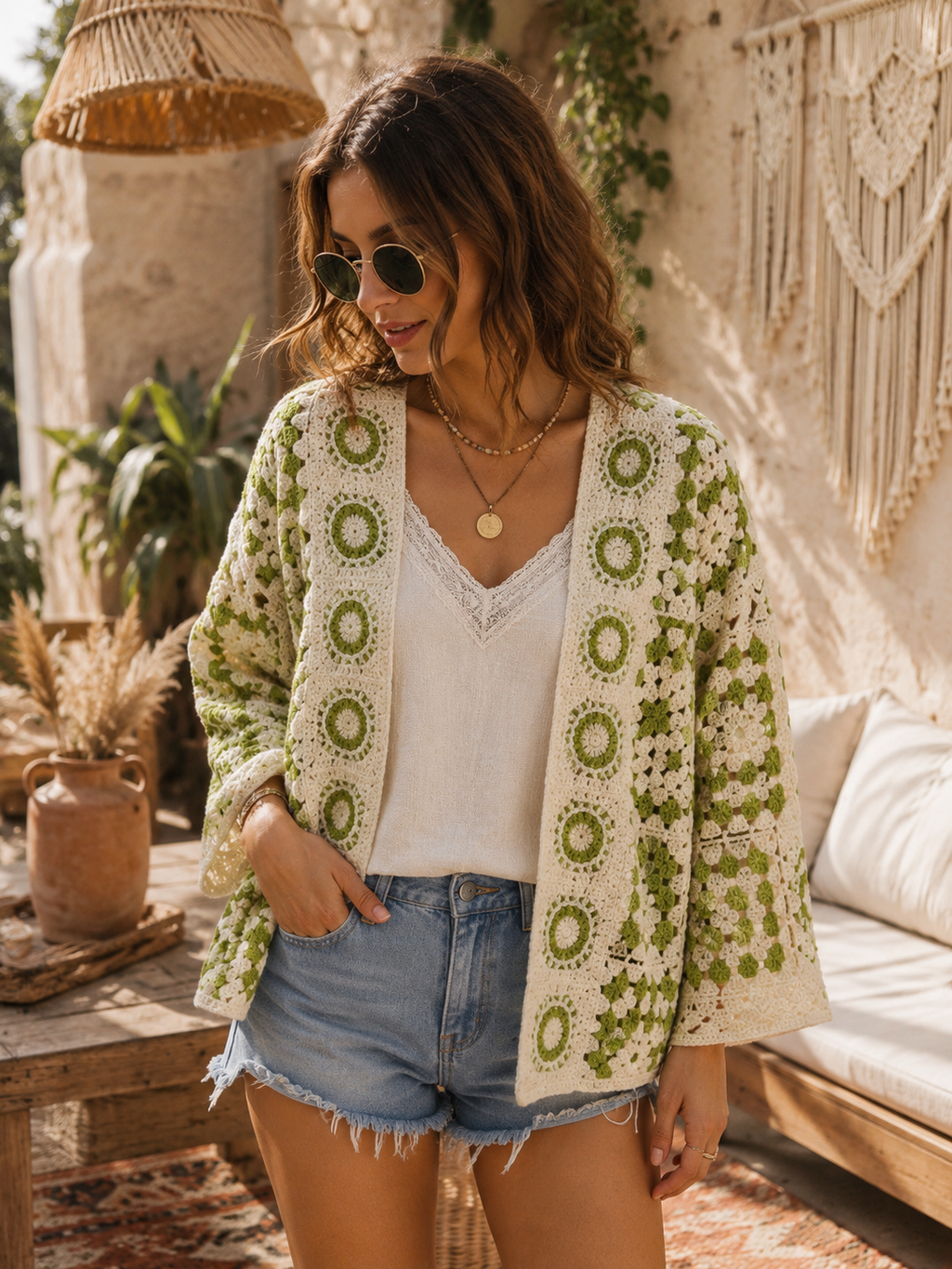 Offene haekel strickjacke in creme und gruen mit boho muster