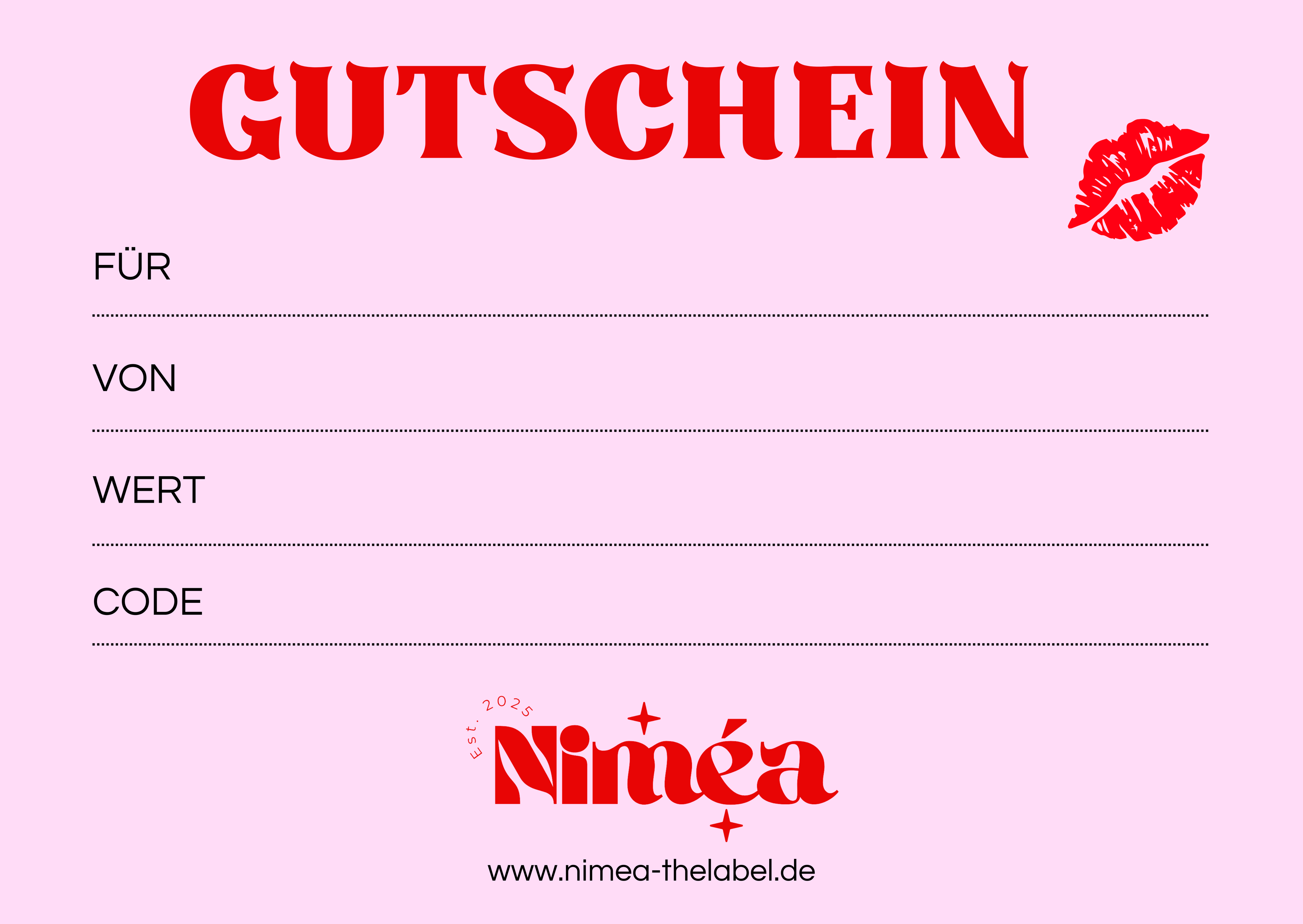 Rosa Geschenkgutschein mit grossem roten Schriftzug Gutschein, Feldern fuer Fuer, Von, Wert und Code sowie Nimea Logo und Webadresse