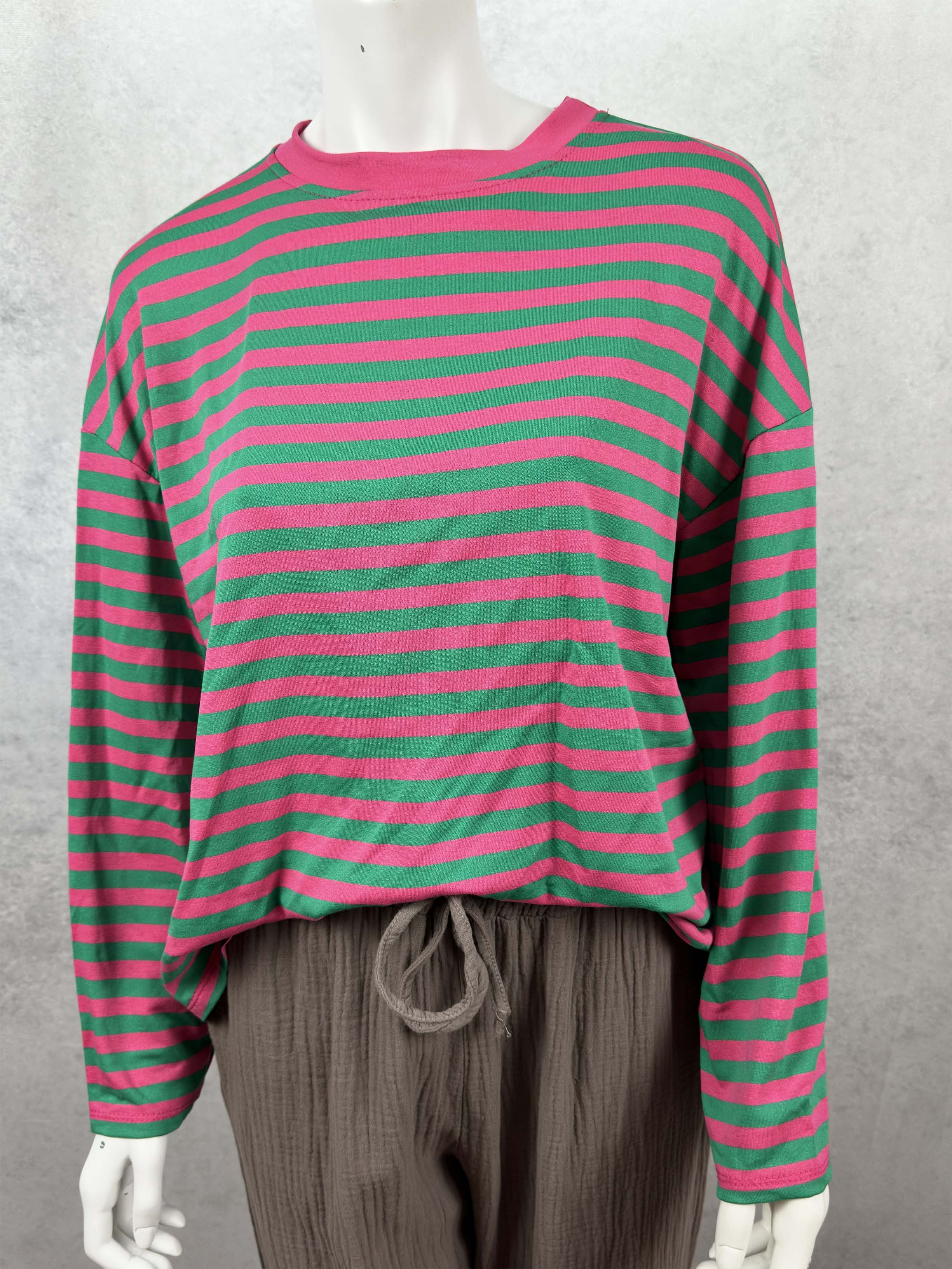 Oversize Langarmshirt mit pink gruenen Streifen