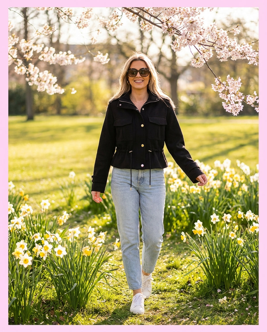 Freigestellte schwarze Damen Kurzjacke mit Stehkragen, goldfarbenen Druckknoepfen und verstellbarem Tunnelzug auf Taillenhöhe