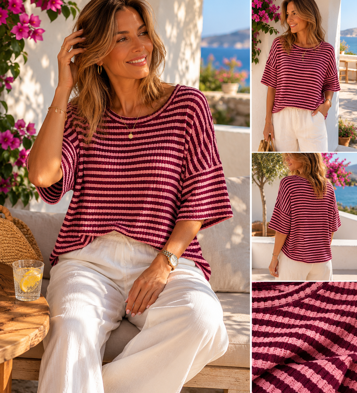 Gestreifter kurzarm strickpullover in bordeaux und rosa getragen