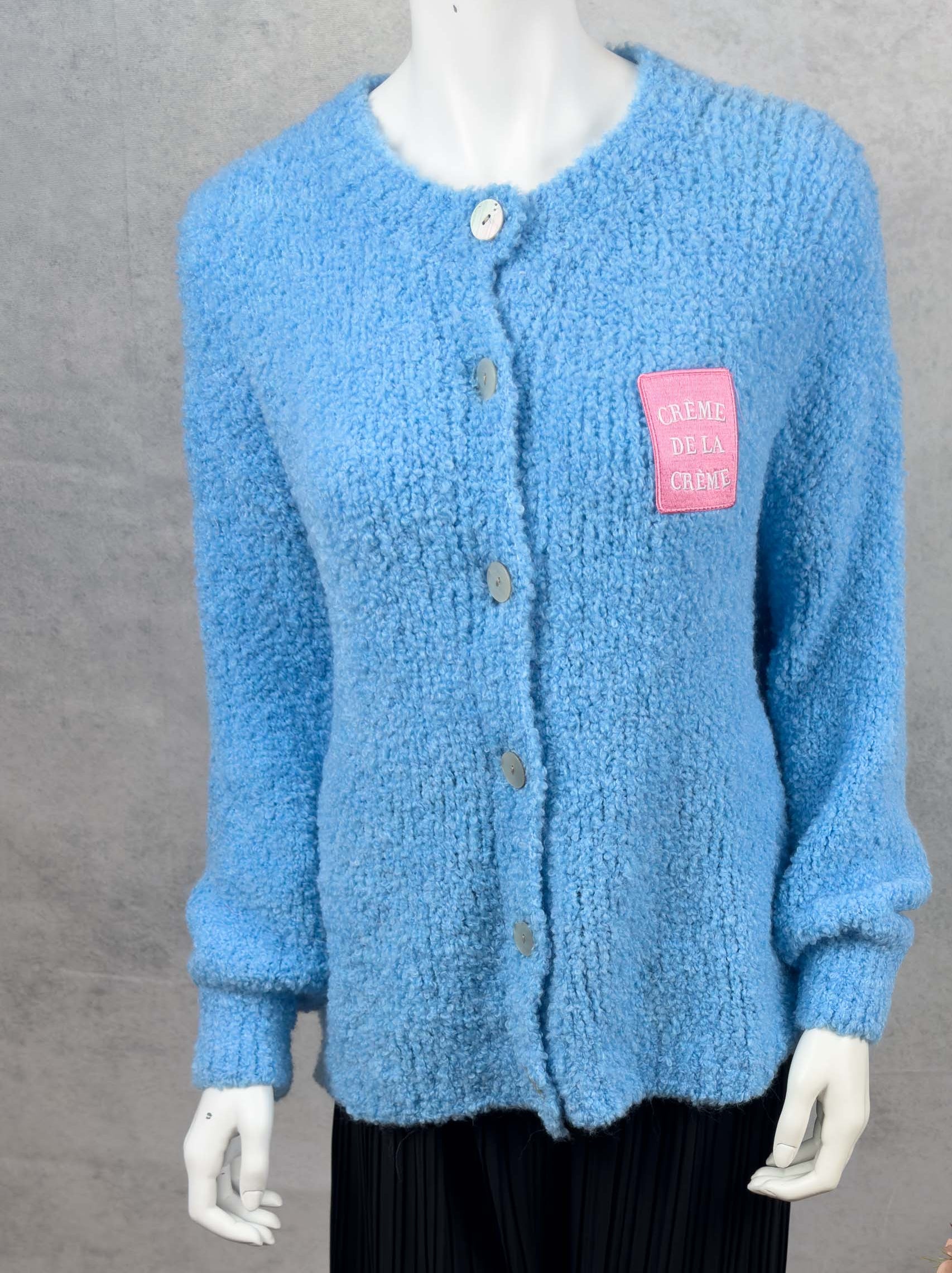 Blauer Bouclé Cardigan für Damen mit Knöpfen, weiche Strickjacke